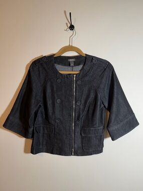 Kenneth Cole Reaction Dark Wash Denim Jacket Cropped 3/4 Sleeve EUC Size 8